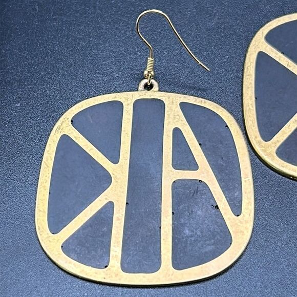 VTG 1980s Anne Klein Large Logo Black Gold Tone Earrings - Picture 7 of 10